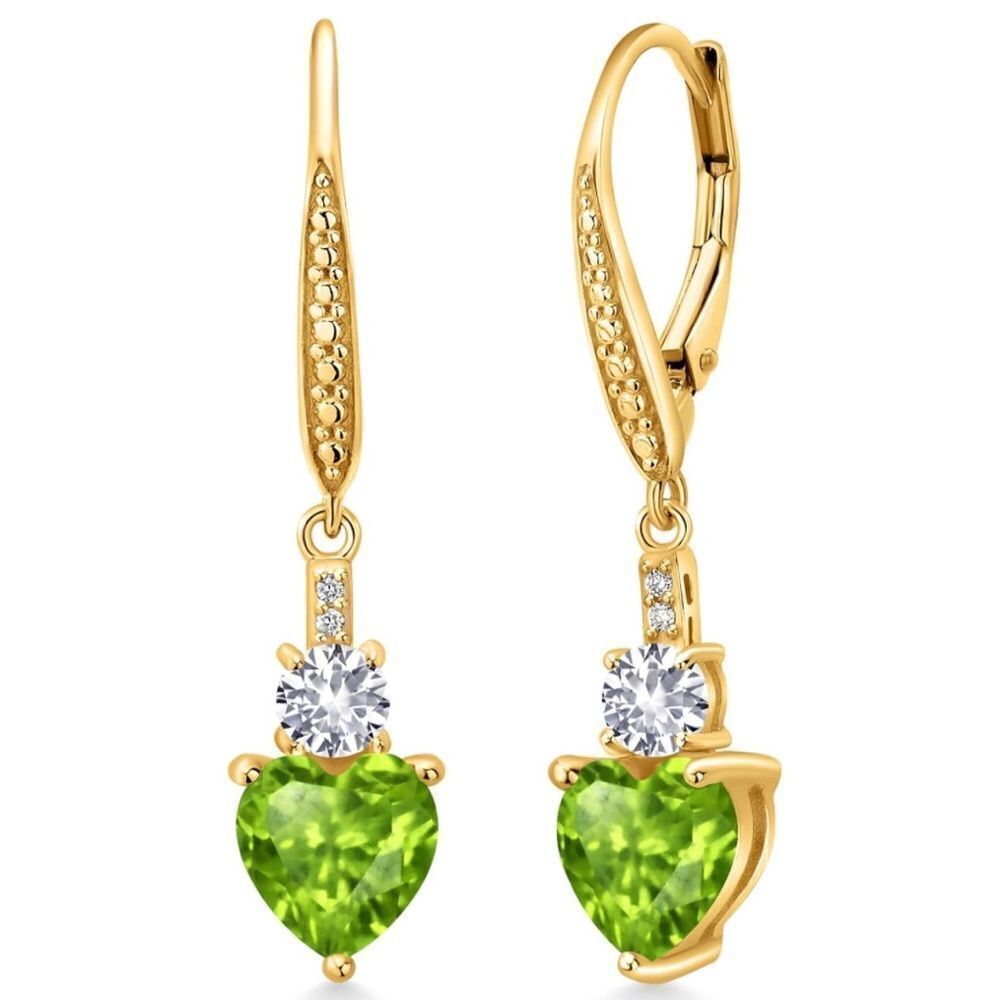 18K Yellow Gold with 2.93 Cttw Peridot and White Sapphire Heart Drop Earrings